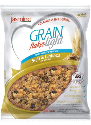 GRANOLA_soja e linhaca.png - Grain Flakes Light Soja & Linhaça com FrutasSem adição de açúcar;48% Menos gordura ;Ingredientes: Flocos de aveia, extrato de malte, fibra e germe de trigo, crispies de arroz, proteína texturizada de soja, flocos de milho, óleo de milho, uvas passas, soja tostada, flocos de arroz, maçã desidratada em cubos, semente de linhaça, banana desidratada, aromas e edulcorante natural steviosídeo.CONTÉM GLÚTENDisponível nas versões: 250g e 1kg